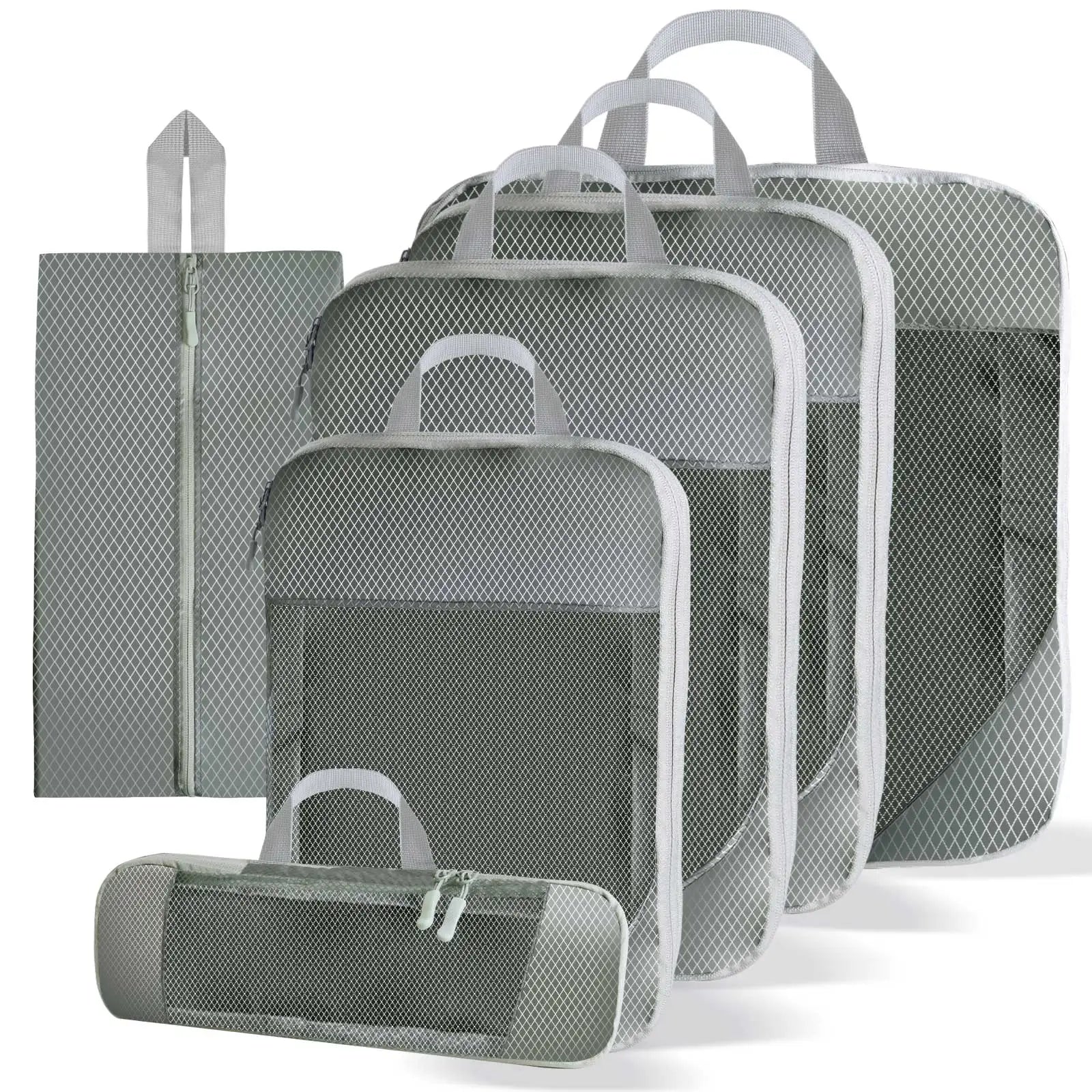 Gray mesh compression packing cubes set with five pieces including a shoe bag and toiletry pouch, designed for space-saving and organized travel